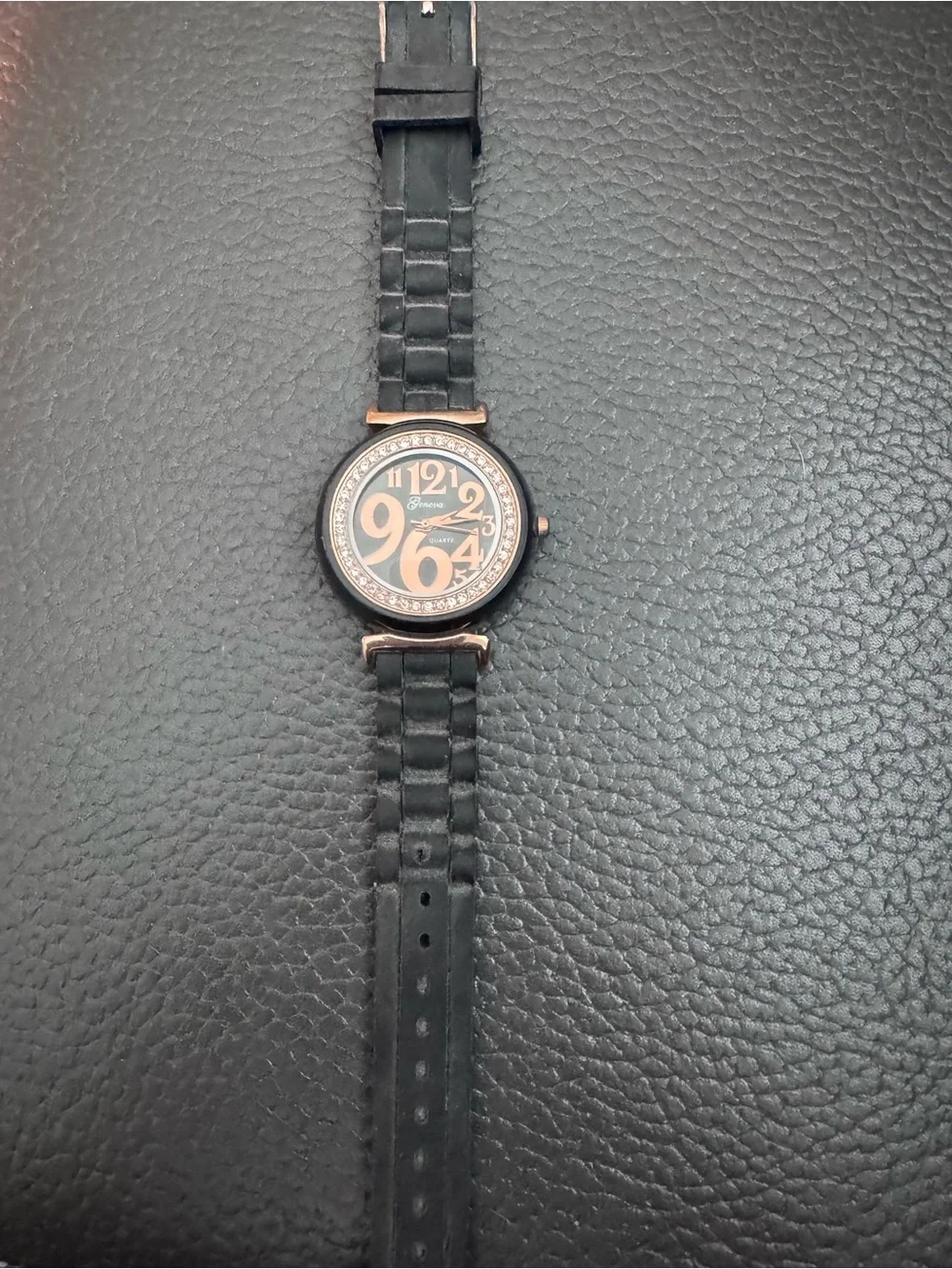 Geneva Quartz Women's Black and Rose Gold Crystal Accent Watch